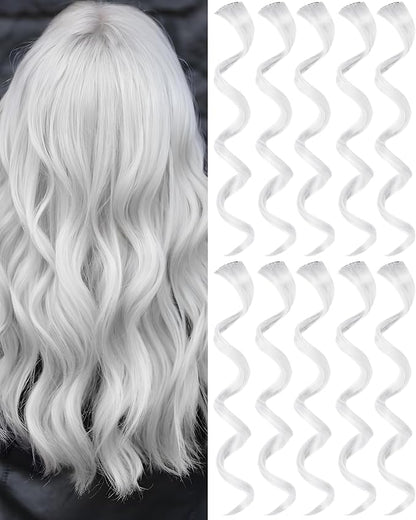 10 PCS White Hair Extensions Clip-in, Curly Wavy Synthetic Hairpieces Clip in Rainbow Neon Party Highlights, Colorful Hair Accessories for Girls Women