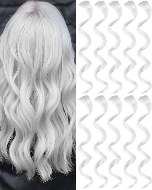 10 PCS White Hair Extensions Clip-in, Curly Wavy Synthetic Hairpieces Clip in Rainbow Neon Party Highlights, Colorful Hair Accessories for Girls Women