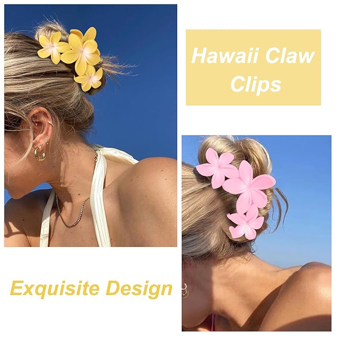 4PCS Hawaiian Plumeria Large Claw Clips for Women - Non-Slip Strong Hold Flower Hair Clips for Thick Hair (Colorful)