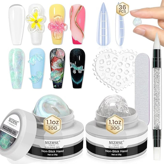 MIZHSE Solid Builder Gel for Nails – 2PCS 1oz Mermaid Pearl & Clear Hard Gel Kit with Nail Forms 3D Silicone Mold Soak-off U V 3D for Nails Extension for Salon Manicure Home DIY