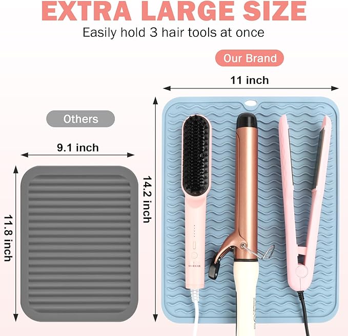 Oversize Silicone Heat Resistant Mat for Curling Iron, Hair Straightener, Flat Irons and Hot Hair Styling Tools, Portable Wrap Pad Cover for Home Vanity Travel(14.2" x 11")