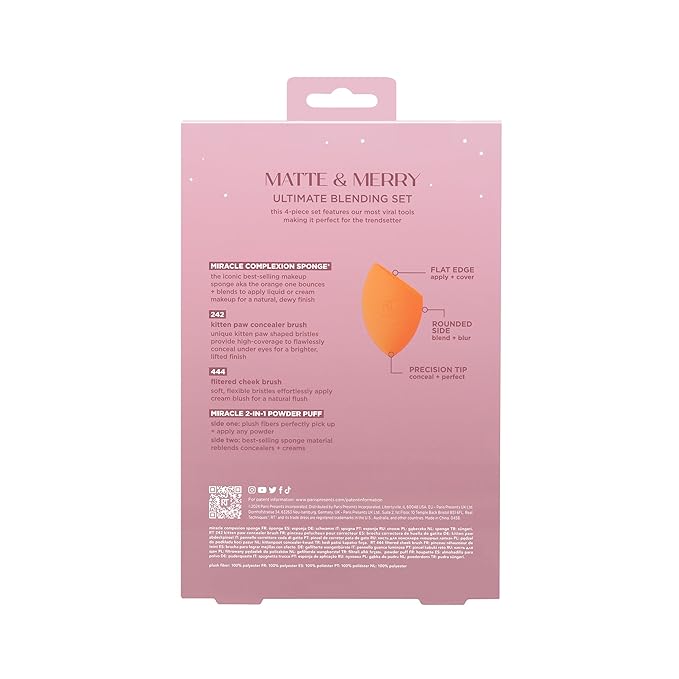 Real Techniques Matte & Merry Ultimate Blending 4 Piece Holiday Gift Set, Foundation Makeup Sponge, Dual-Sided Powder Puff, & 2 Makeup Brushes, Kitten Paw Brush, Stocking Stuffer, Limited Edition