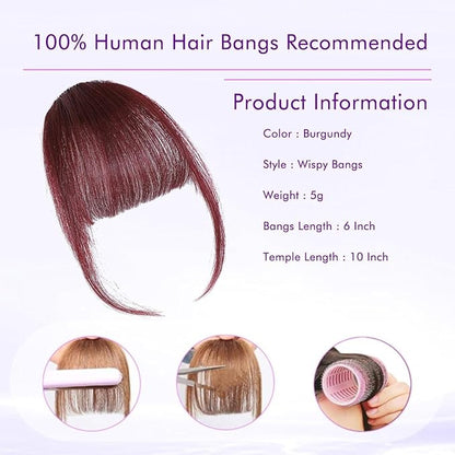 100% Real Human Hair Extensions Wispy Clip in Burgundy Fake Bangs Hair Clip on for women Fringe with Temples Hairpieces Faux Bangs for Daily Wear