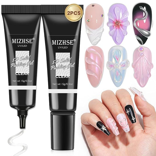 MIZHSE 3D Nail Gel, 2 Pcs Clear 3D Nail Art Sculpting Gel for Nail Art, No Wipe Molding for Nails Decoration Manicure Charms DIY at Home Manicure