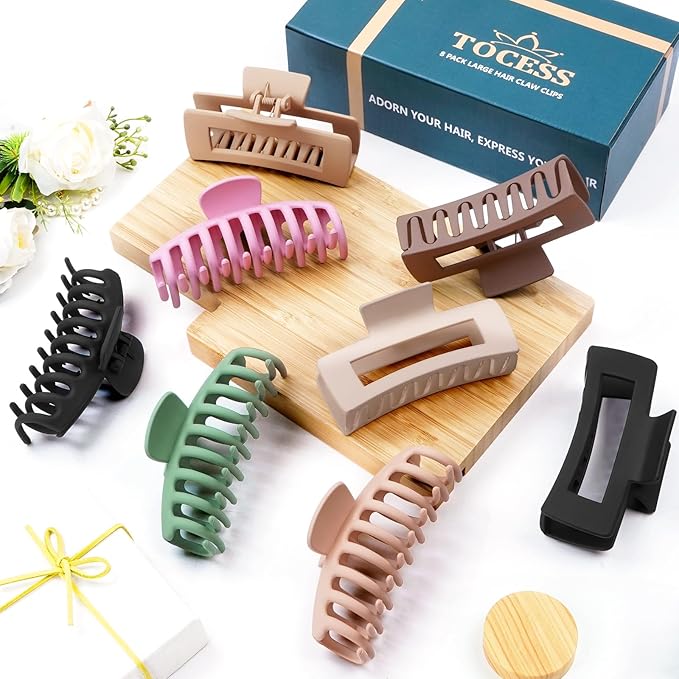 TOCESS 8 Pack Big Hair Claw Clips for Women Large Claw Clip for Thin Thick Curly Hair 90's Strong Hold 4.33 Inch Nonslip Matte Jumbo Hair Clips (8 Pcs)