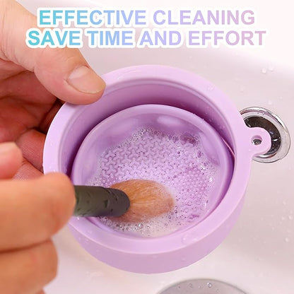 Makeup Brushes Cleaner Mat with Brush Storage Holder, Folding Portable Washing Tool for Makeup Brush Cleaning, 2 In 1 Silicone Brush Cleaner Pad & Cosmetic Brush Organizer Rack (Pink)