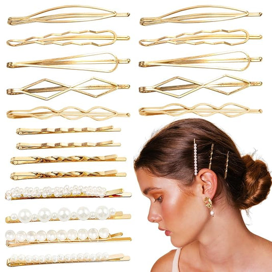 18 PCS Gold Geometric Elegant Barrette Pearls Hair Clamps Styling Fancy Women Girls Preppy Hair Clips Bridal Minimalist Bobby Pins Dainty