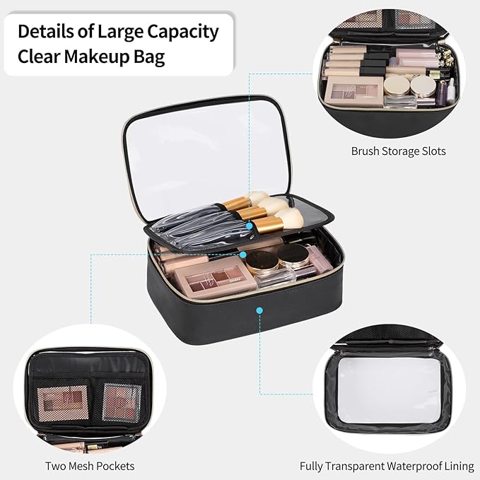 OCHEAL Clear Makeup Bag, Portable Cosmetic Bag Storage, Travel Makeup Bag Cute Clear Pouch For Women and Girls Cosmetics Bags with Divider Makeup Brush Compartment-Black PU Large