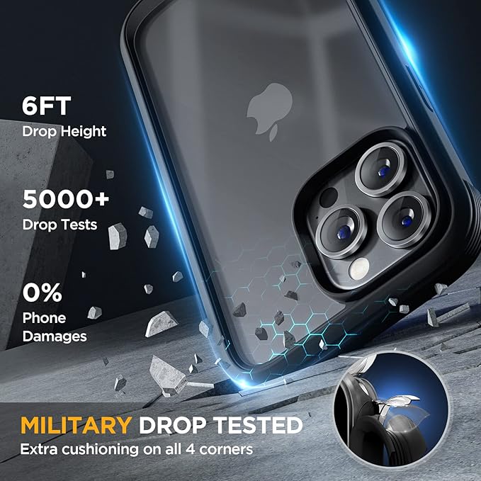 Miracase Glass Series for iPhone 14 Pro Case 6.1 Inch, 2023 Full-Body Clear Bumper Case with Built-in 9H Tempered Glass Screen Protector, with Camera Lens Protectors, Matte Black