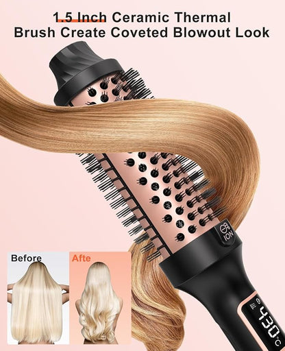 Nimmu Thermal Brush for Blowout Look, 1.5 inch Heated Round Brushes Curling Iron with 10 Temperature Control, Hot Brush Styler Dual Voltage for Travel, Rose Gold