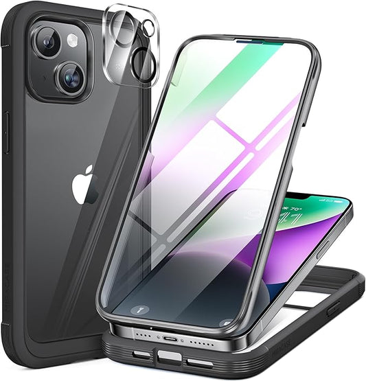 Miracase Glass Series Designed for iPhone 14 Plus Case 6.7 inch, 2023 Upgrade Full-Body Clear Bumper Case with Built-in 9H Tempered Glass Screen Protector and Camera Lens Protector,Black