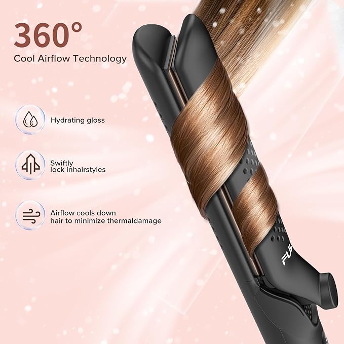 360° Airflow Styler Curling Iron, 1.25 Inch Hair Straightener and Curler 2 in 1, LED Display Curling Flat Iron with Cooling Air Vents to Lock in Style, Adjustable Temp Curling Wand (Black)