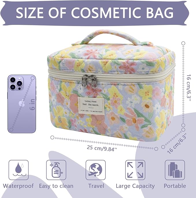 1pc Large Makeup Bag, Cute Cosmetic Bag for Women Girls, Floral Coquette Aesthetic Toiletry Bag, Travel Make Up Organizer Bag (Large Flower)