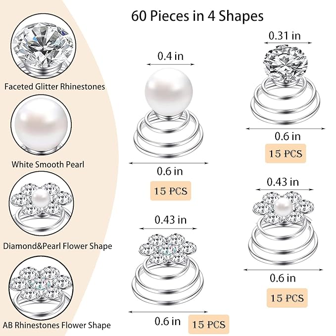 60 PCS 4 Shapes Gems Rhinestone Twister Hair Studs Set Diamond Spiral Pearl Flower Jewels Hair Pins Sticks for Wedding, Bridal, Prom, Party and Special Occasion, Pearl