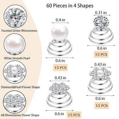 60 PCS 4 Shapes Gems Rhinestone Twister Hair Studs Set Diamond Spiral Pearl Flower Jewels Hair Pins Sticks for Wedding, Bridal, Prom, Party and Special Occasion, Pearl