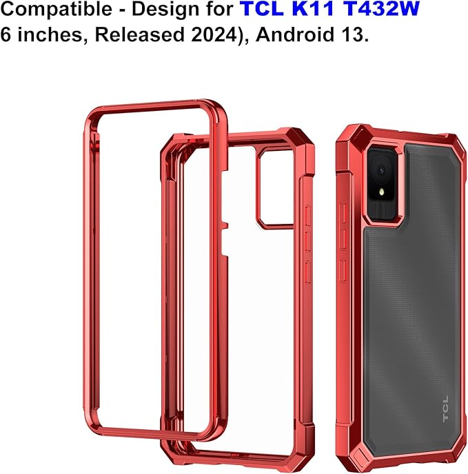 Ailiber for TCL K11 Phone Case, TCL K11 T432W Clear Case with Screen Protector, Dual Layer Shockproof Bumper, Transparent [Anti Yellowing], Slim Rugged Cell Phone Cove-Red