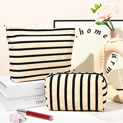 2 Pieces Makeup Bag Large Stripe Cosmetic Bag Capacity Canvas Mix Travel Toiletry Bag Organizer Cute Makeup Brushes Aesthetic Accessories Storage Bag for Women, Stripe Mix White