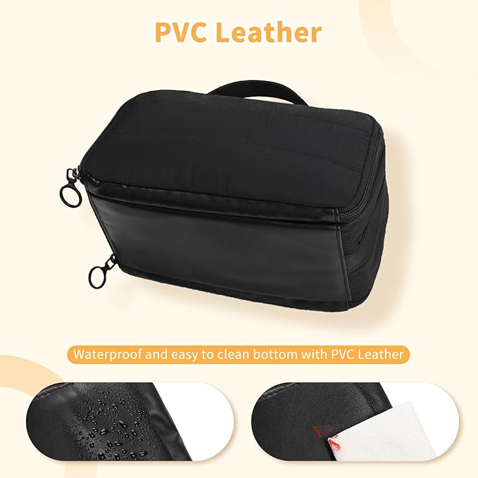 OCHEAL Travel Makeup Bag - Wide Open Cosmetic Bag for Women Make up with Two Compartments, Portable Lightweight Roomy Organizer Toiletry Bag for Girls Skincare tools Accessories-Black