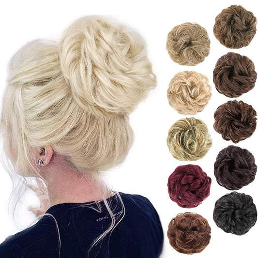 MORICA 1PCS Messy Hair Bun Hair Scrunchies Extension Curly Wavy Messy Bun Synthetic Chignon Hairpieces for Women(24/613#(Pale Ash Blonde Mix Bleach Blonde))