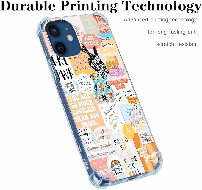 Case for iPhone 12/12 Pro with Beige Design,Cute Inspirational Positive Quotes Collage Pattern,Trendy Soft TPU Bumper Phone Cover(12,Yellow)