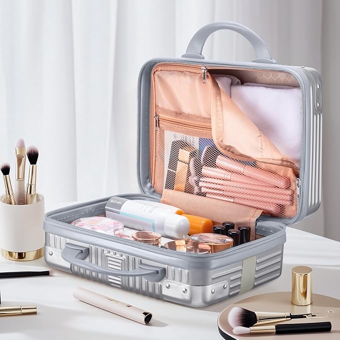 Noverlife 14 Inch Hard Shell Cosmetic Case, Small Hard Case Makeup Travel Case with Elastic Band ABS Carrying Suitcase, Mini Carrying Makeup Suitcase Small Travel Hand Luggage Organizer - Silver