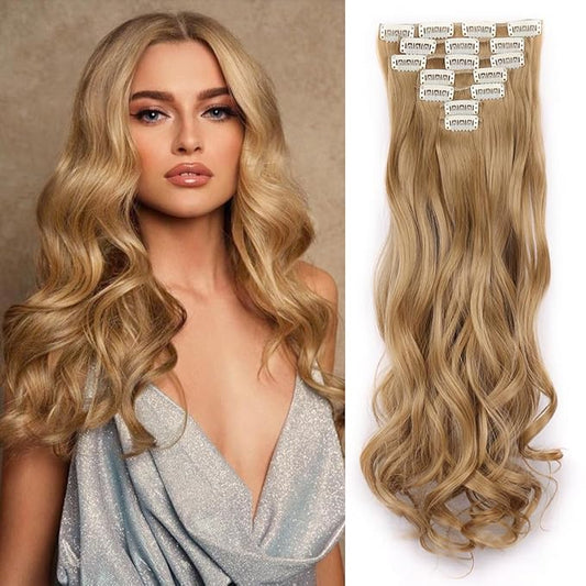 22 Inch Clip In Hair Extensions 7 PCS Long Wavy Synthetic Blonde Hair Extension & Natural Soft Invisible Clip Thick Hairpieces for Women Daily(20Inch, 7pcs, Blonde)
