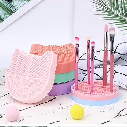 New Grass Green Silicon Makeup Brush Cleaner Mat with Portable Cat Shaped Cosmetic Brush Cleaning Pad Holder and Drying Holder
