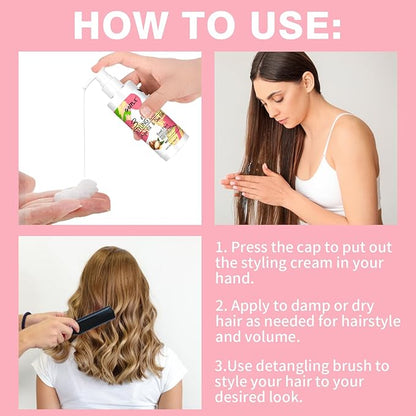3-In-1 Styling Cream for Flyaways - Anti-Frizz Cream to Define All Hair Types & Textures - Add Shine and Smoothness with Brush