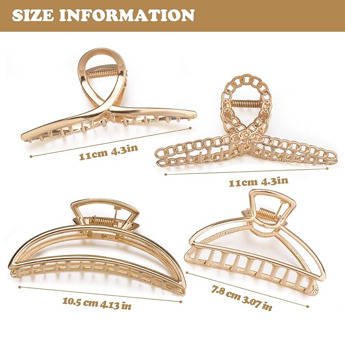 4 Pack Large Metal Hair Clips for Thin to Thick Curly Hair, 4.3 Inch Big Nonslip Gold Color Clamps, Perfect Fashion Jaw Claw Hair Styling Accessories for Women and Girls, Christmas Gifts