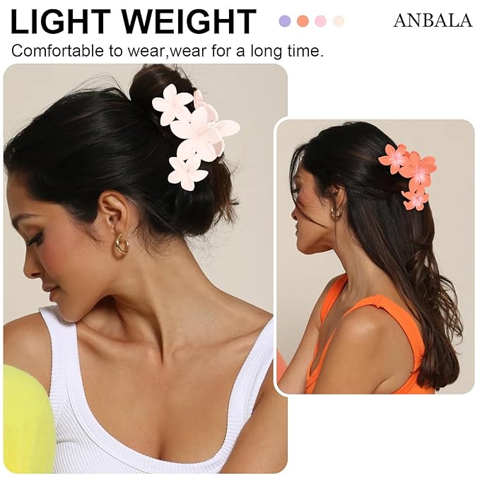 ANBALA 4PCS Flower Claw Hair Clips, Large Plumeria Hair Accessories for Women and Girls - Colorful Hawaiian Non-Slip Strong Hold Clips for Thick Hair