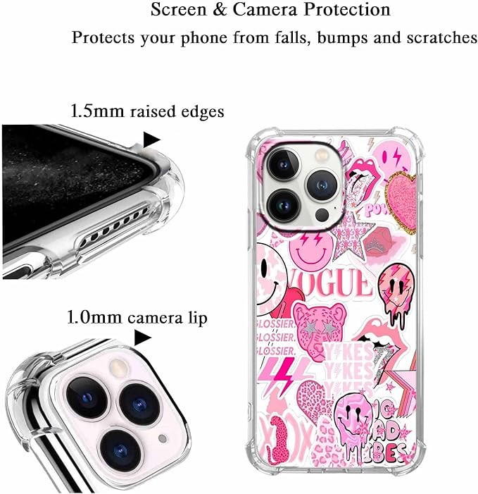 Case for iPhone 13 Pro with Pink Design,Aesthetic Hippie Indie Popular Elements Pattern,Shockproof Soft TPU Bumper Phone Cover(13pro,Pink)
