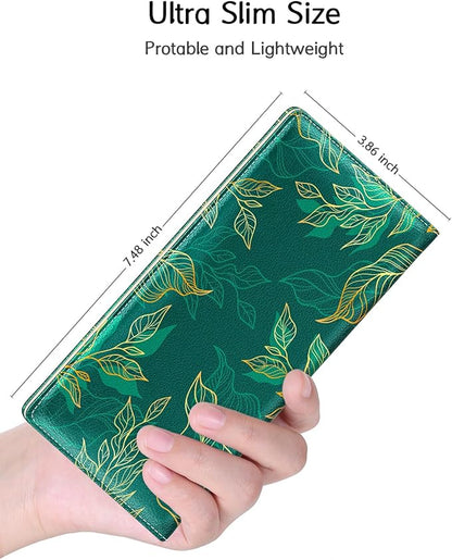 Nipichsha Womens Wallet, RFID Slim Wallets for Women, Thin Ladies Credit Card Holder Purse, Cute Leather Bifold Clutch Billfold with 11 Card Slots & ID Window, Luxury Green Leaf