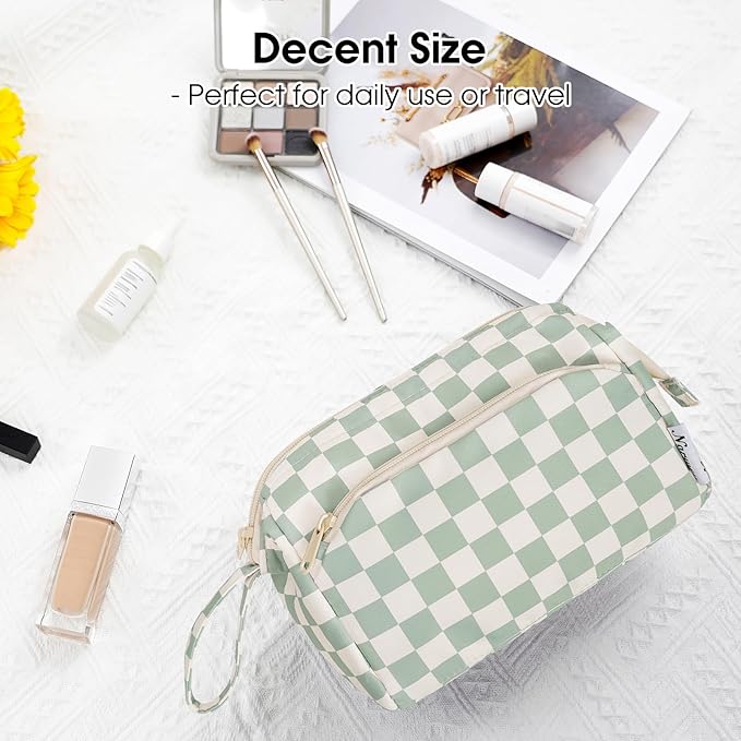 Narwey Checkered Makeup Bag Women Wide-open Make up Bag Travel Cosmetic Bag Organizer Toiletry Bag for Cosmetics Toiletries Accessories (Mint Green Checkerboard)