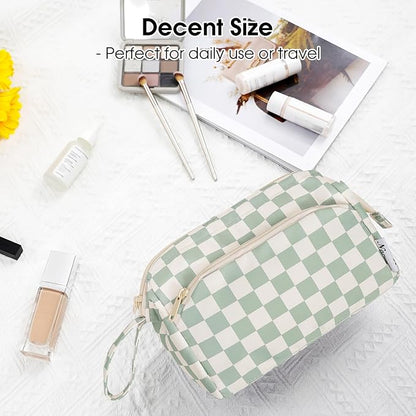 Narwey Checkered Makeup Bag Women Wide-open Make up Bag Travel Cosmetic Bag Organizer Toiletry Bag for Cosmetics Toiletries Accessories (Mint Green Checkerboard)