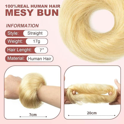 1PCS Messy Bun Hair Piece Human Hair Natural Curly 100% Real Human Hair Chignons Scrunchies Fluffy for Women Bun Donut Updo Hair Pieces Extension (#613 Bleach Blonde)