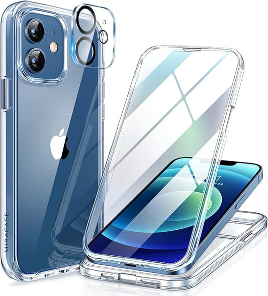 Miracase Glass Series for iPhone 12/12 Pro - Full-Body Rugged Protective Case with Built-in 9H Tempered Glass Screen Protector and Camera Lens Protector - Crystal Clear