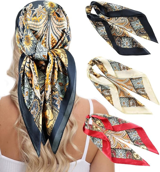 MINIDORA Satin Scarves for Women 27.5 × 27.5 inches Medium Square Elegant Silk Feeling Head Scarf