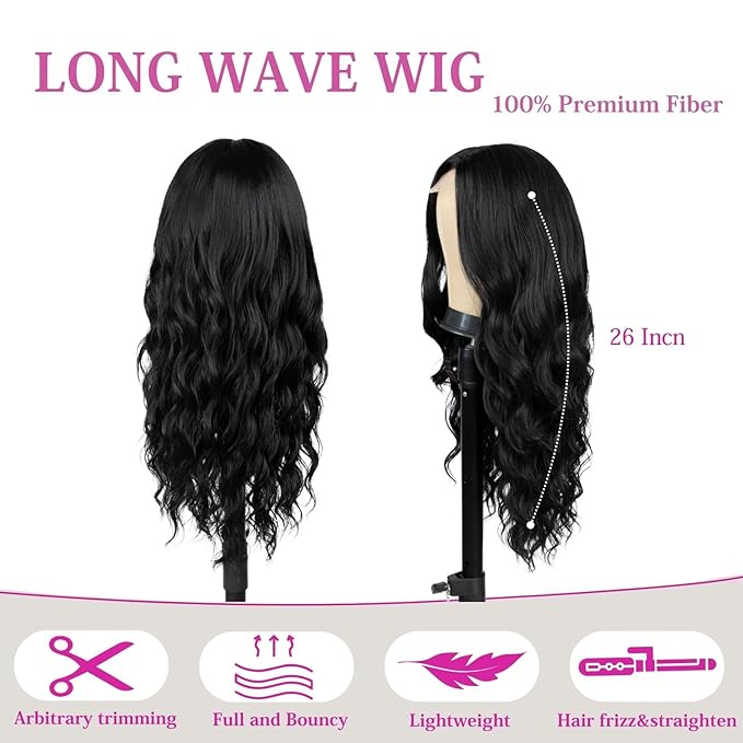 26 inch Lace Hairline Long Black Wigs for Women, Middle Part Long Curly Wig Heat Resistant Synthetic Hair Looking Natural, Fiber Wig for Daily Party Use