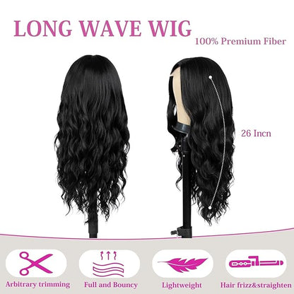 26 inch Lace Hairline Long Black Wigs for Women, Middle Part Long Curly Wig Heat Resistant Synthetic Hair Looking Natural, Fiber Wig for Daily Party Use