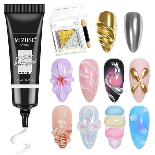 MIZHSE 3D Nail Gel and Chrome Nail Powder Kit, Clear Sculpting Gel for Nail Art Nail Charms 3D Gel Nail Art No Wipe Molding Gel for Nails Decoration Manicure Home DIY