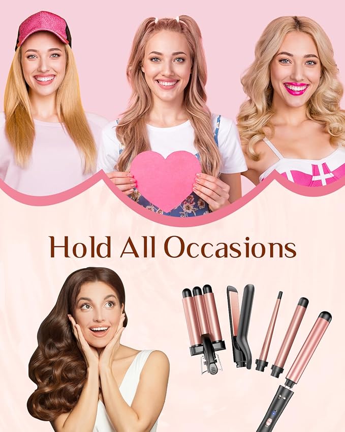 5 in 1 Wand Curling Iron-Kinked Curling Wand Set with Flat Iron Hair Straightener, 3 Barrels Hair Crimper, 3 Ceramic Curling Irons (0.35"-1.25"), 2 Temps Fast Heat Hair Waver Curler with Glove & Clip