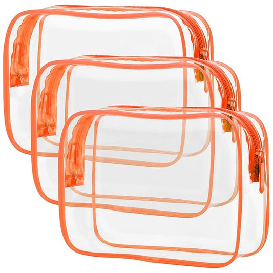 PACKISM Clear Makeup Bag with Zipper, 3 Pack TSA Approved Toiletry Bag, Beauty Cosmetic Bag, Quart Size Travel Bag, Carry-on Airport Airline Compliant Bag, Orange
