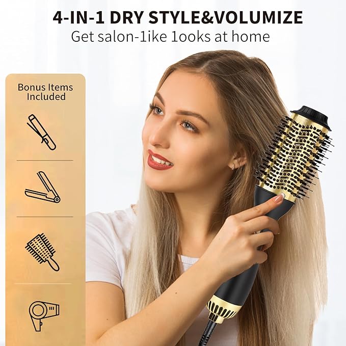 4-in-1 Hair Styler: Oval Brush Dryer and Volumizer for All Hair Types (Black Gold)