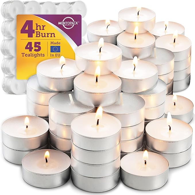 MontoPack Unscented Tea Light Candles 45 Pack | 4 Hours, White, Smokeless, Dripless Small Votive Paraffin Tealights | Long-Lasting for Home, Shabbat, Weddings, Events, Emergencies | Mini Candles Bulk