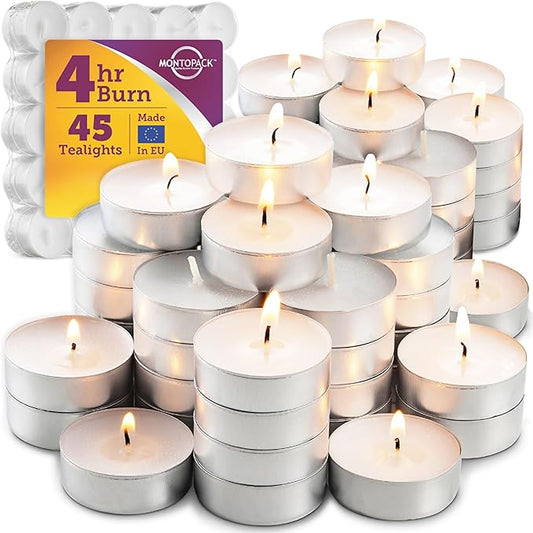 MontoPack Unscented Tea Light Candles 45 Pack | 4 Hours, White, Smokeless, Dripless Small Votive Paraffin Tealights | Long-Lasting for Home, Shabbat, Weddings, Events, Emergencies | Mini Candles Bulk