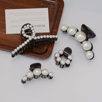 Mehayi 4 PCS Large Black Pearl Hair Claw Clips for Women Girls, Hair Barrette Clamps for Thick Thin Hair, Fashion Hair Accessories Headwear Styling Tools for Party Wedding