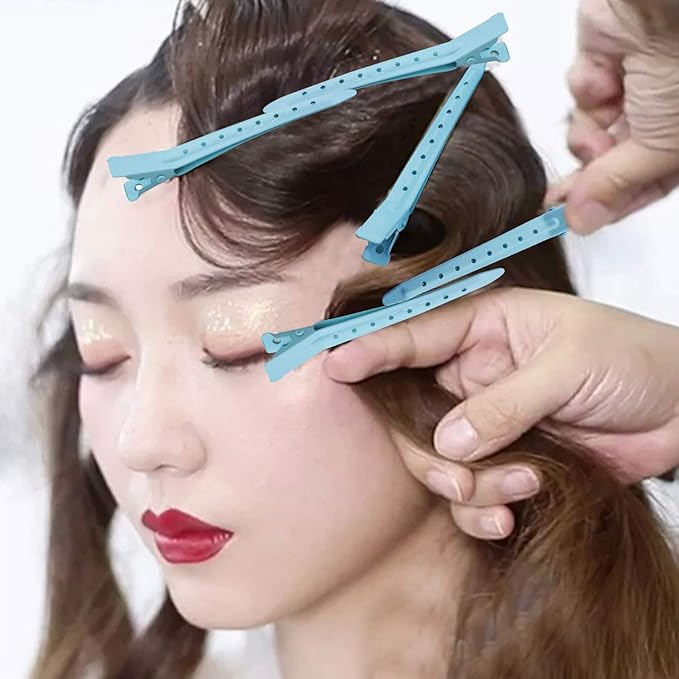 24 Packs Duck Bill Clips, Bantoye 3.35 Inches Rustproof Metal Alligator Curl Clips with Holes for Hair Styling, Hair Coloring, Blue