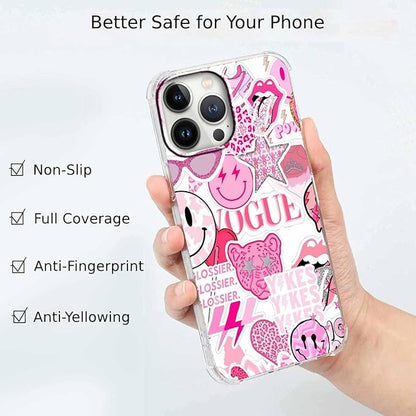 Case for iPhone 15 Pro Max with Pink Design,Aesthetic Hippie Indie Popular Elements Pattern,Shockproof Soft TPU Bumper Phone Cover(15pm,Pink)
