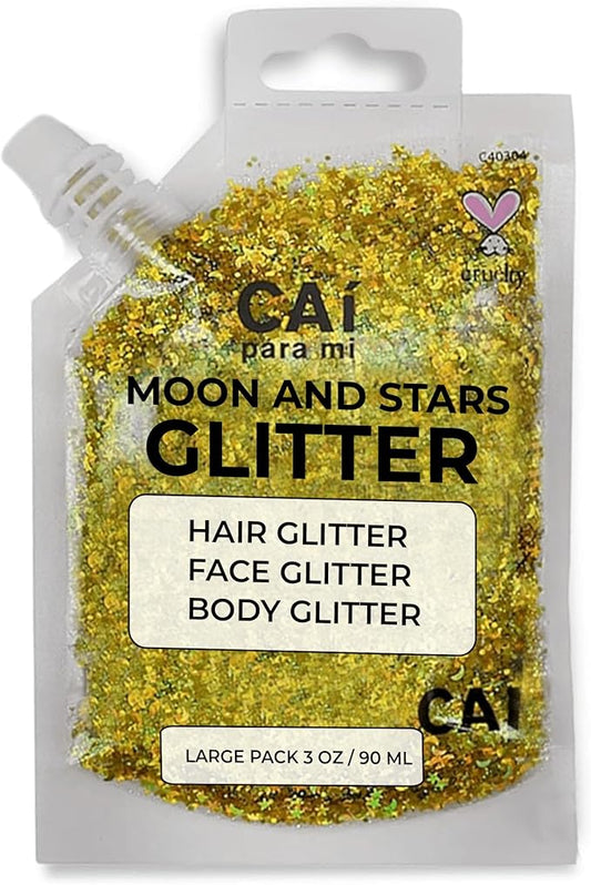 Hair Glitter Gel Body Glitter & Face Glitter for Women/Kids(1 Pk Gold) Chunky Iridescent Holograph Stars & Moon 3 oz | Cosmetic-Grade Makeup, Apply Without Glue, Easy to Take Off & Keep Skin Clean