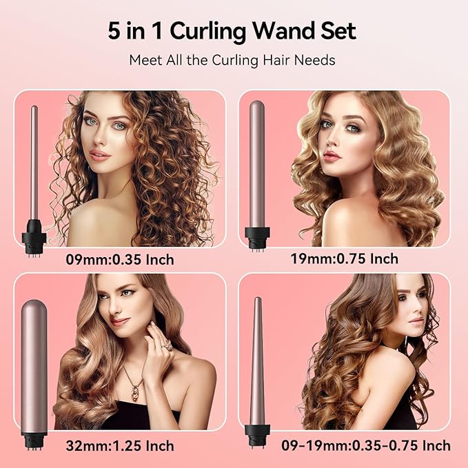 5 in 1 Curling Wand Set, Waver Curling Iron with Curling Brush and 4 Interchangeable Ceramic Curling Wand (0.35”-1.25”) for Women, Fast Heat Up Hair Curler Include Heat Protective Glove